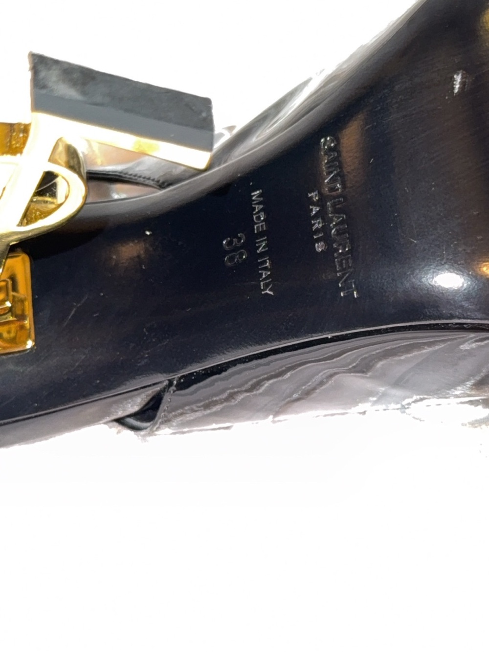 Saint Laurent Black Patent Opyum Slingback Heels with Gold Logo Heel - Picture 7 of 13